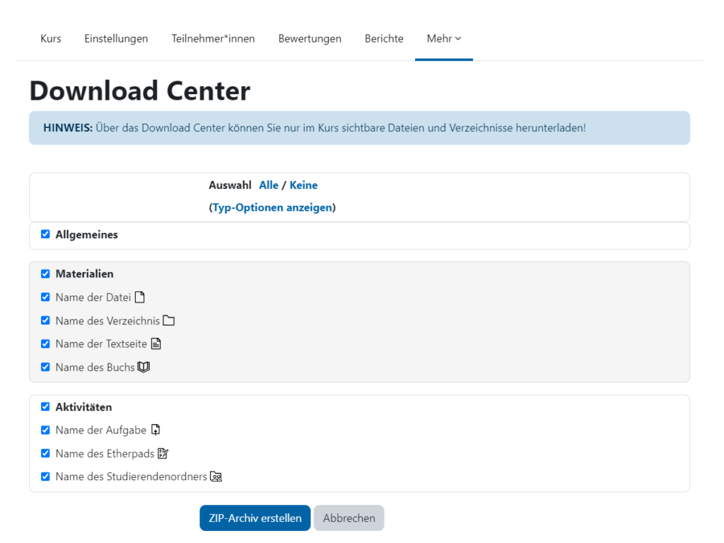 Auswahlsseite Downloadcenter